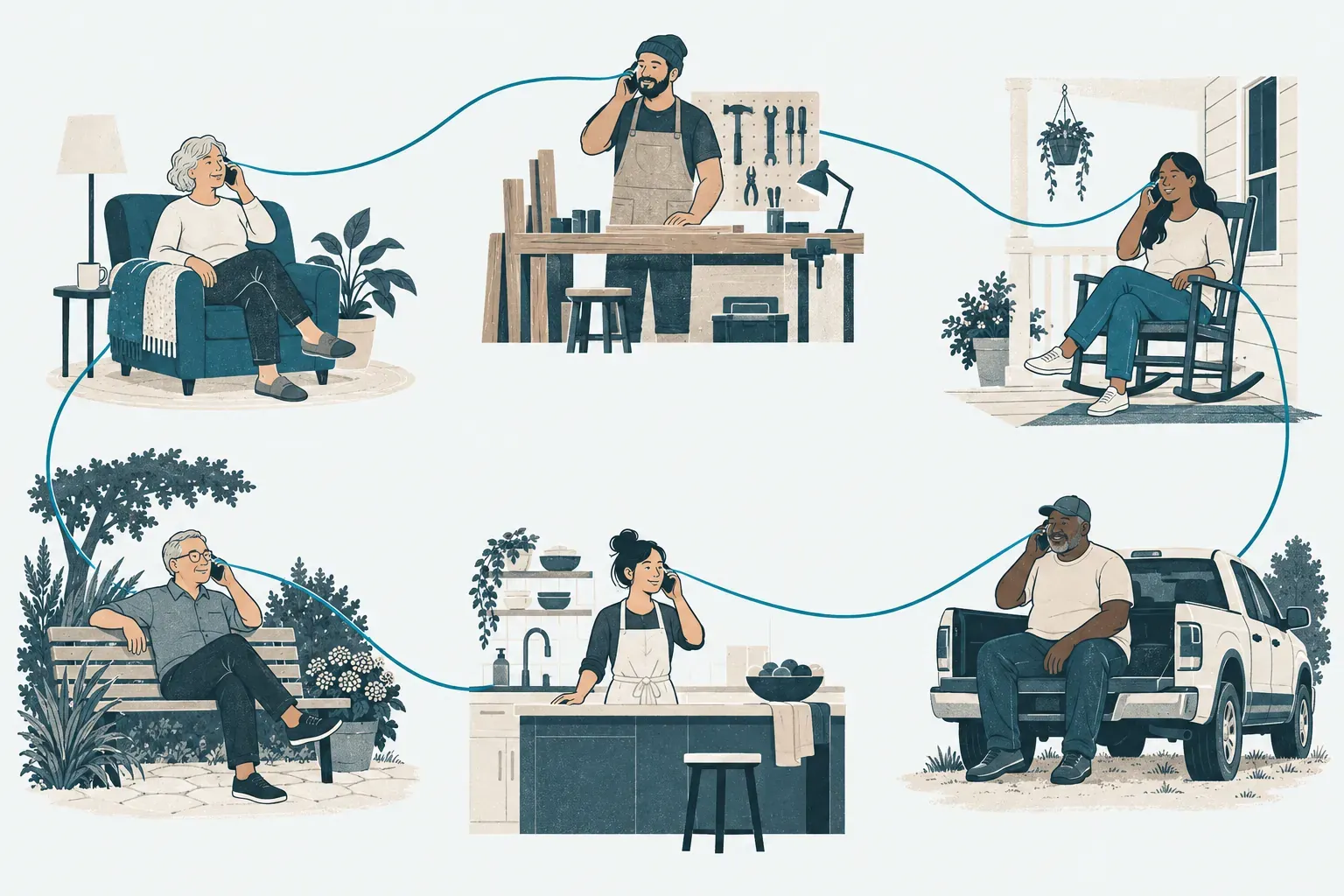 Illustration of six people in six different places, an armchair, a workbench, a porch, a garden bench, a kitchen and the tailgate of a pickup truck, each holding a phone to their ear, with a single line threading through all six to link them into one call